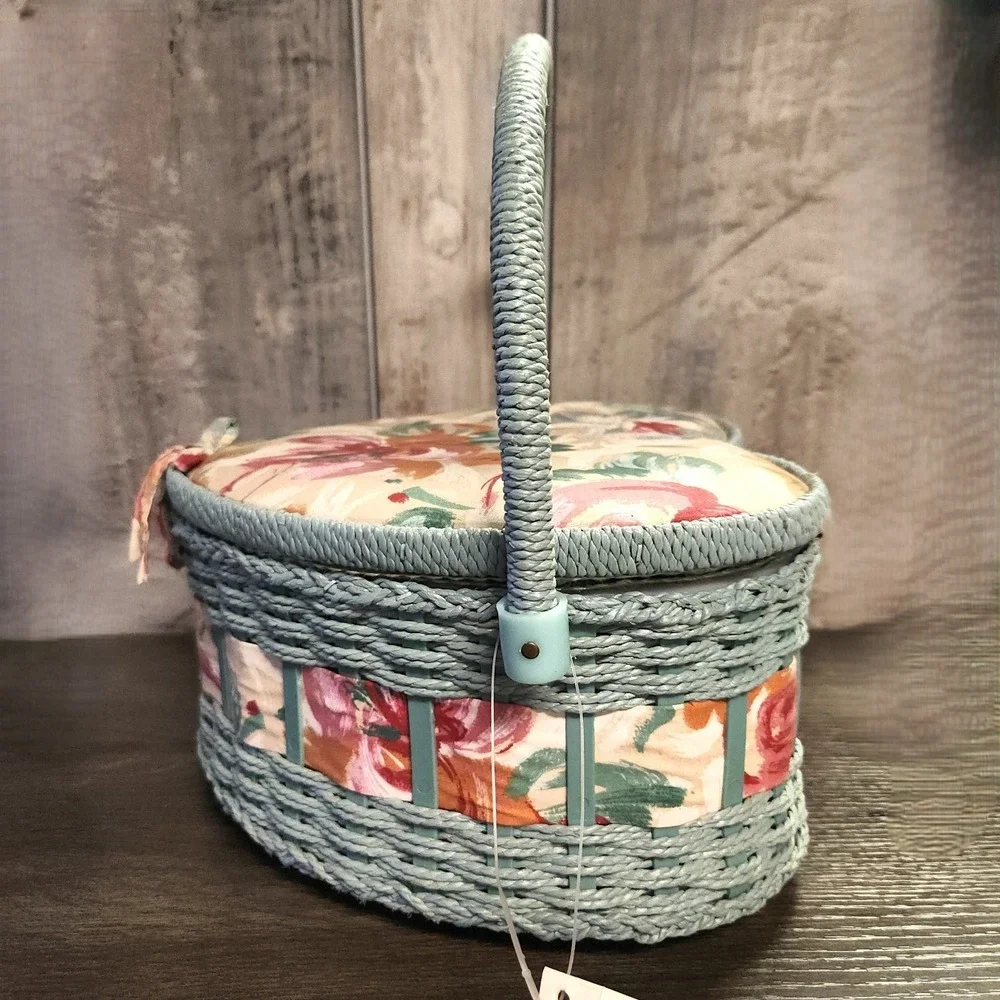 Vtg Heart Shaped 80s Sewing Basket Blue Wicker Handle Storage Box Cottagecore